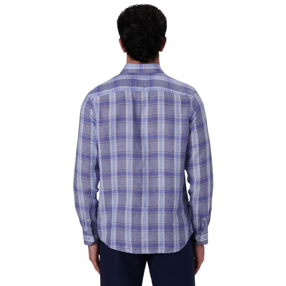 Bugatchi Julian Plaid Check Linen Shaped Fit Classic Blu Gray Shirt Size M - Picture 2 of 5